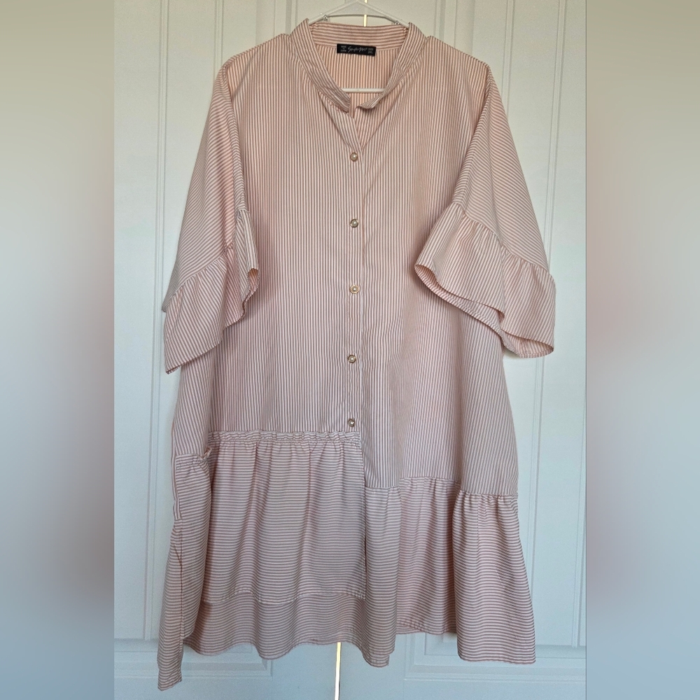 Elegant Pink Striped Dress with Ruffle Sleeves